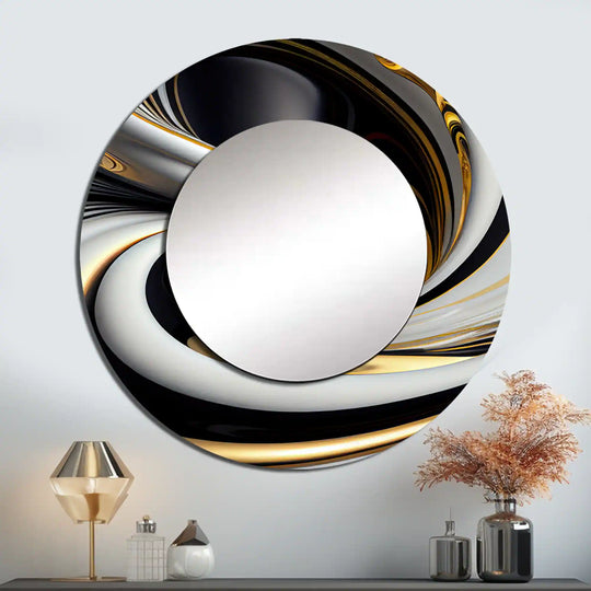 Designart "Gold Black and White Stained Glass I" Abstract Wall Mounted round Large Mirror - Modern Mirror Wall Décor