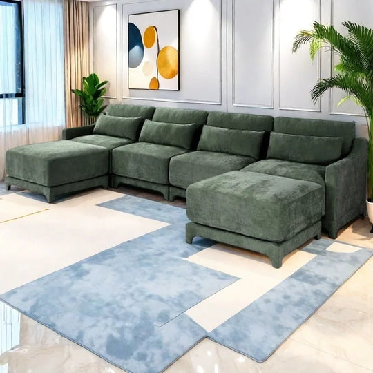 Modern Chenille 4-Seater Sofa with 2 Ottoman, Lumbar Cushions, Ergonomic Backrest, High-Resilience Spongeand Tufted Armrests