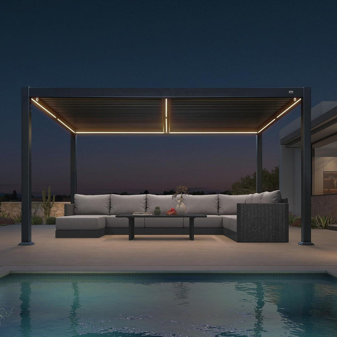 Solar Louvered Pergola with LED String Lights Aluminum Outdoor Pergola with Adjustable Roof for Patio Garden