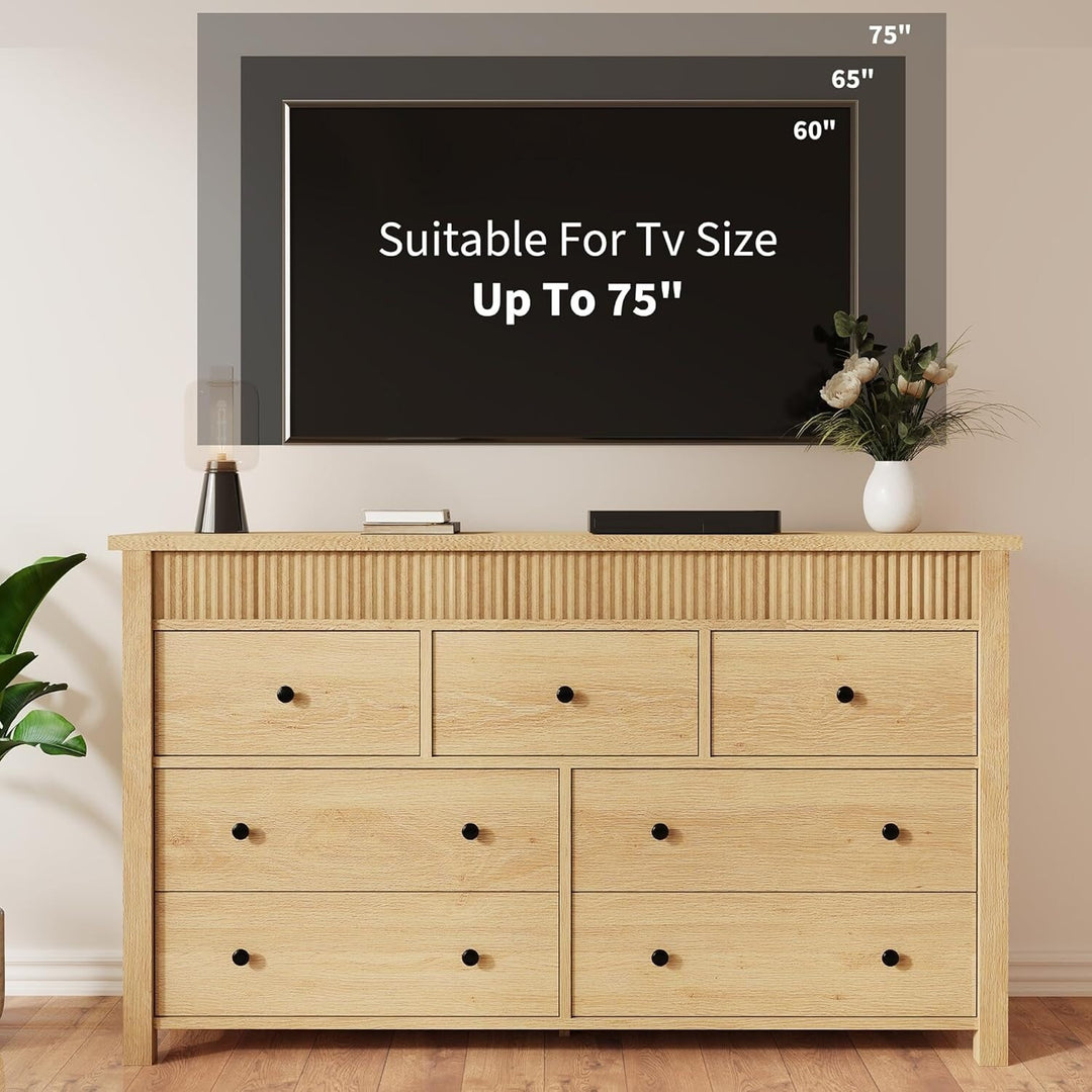 7 Drawer Dresser for Bedroom, 54 in Wide Modern Fluted Chest of Drawers, Wooden Storage & TV Stand, Natural Oak