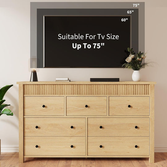 7 Drawer Dresser for Bedroom, 54 in Wide Modern Fluted Chest of Drawers, Wooden Storage & TV Stand, Natural Oak
