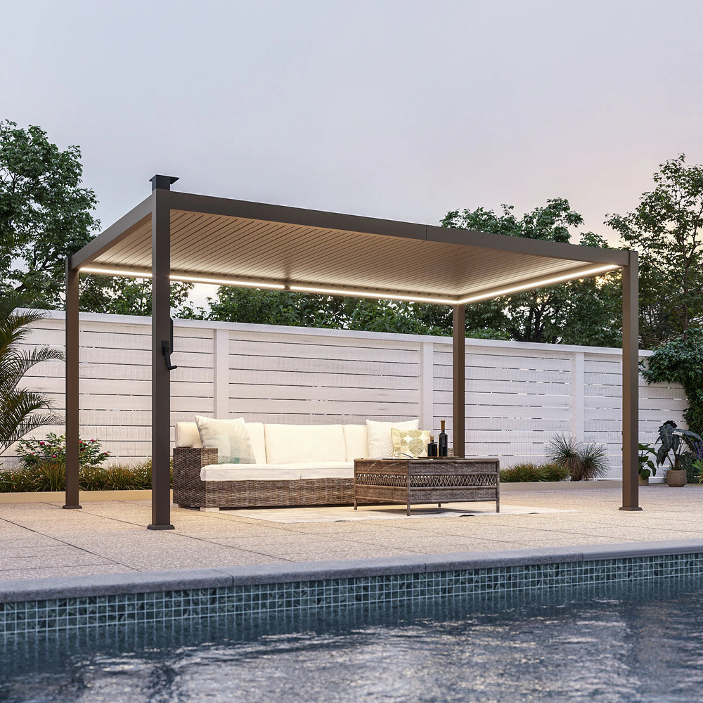 Outdoor Metal Solar LED Louvered Pergola with Adjustable Roof