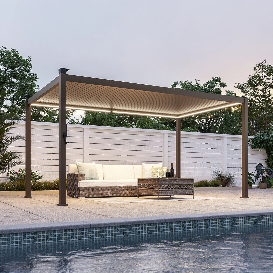 Outdoor Metal Solar LED Louvered Pergola with Adjustable Roof
