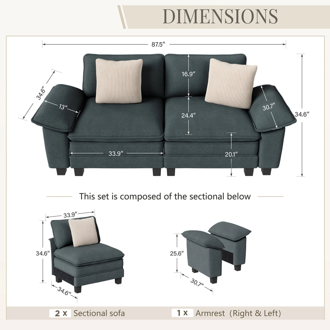 Cloud Modular Deep Seat Sofa, Chenille or Corduroy Sectional Couch with Removable Arms, 1–4 Seater