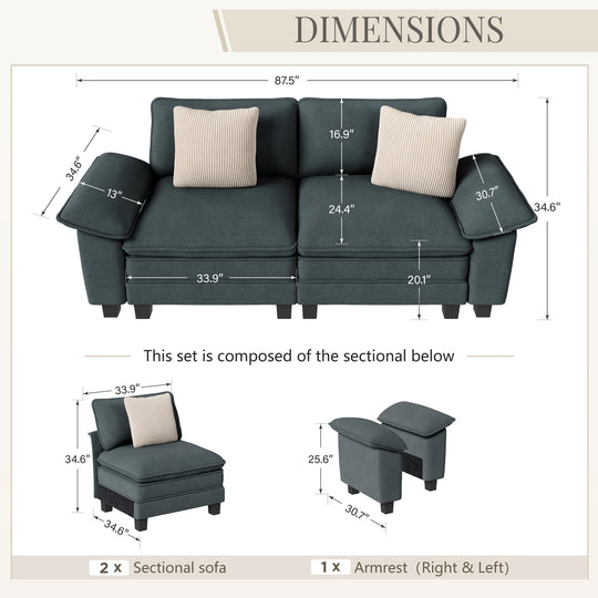 Cloud Modular Deep Seat Sofa, Chenille or Corduroy Sectional Couch with Removable Arms, 1–4 Seater