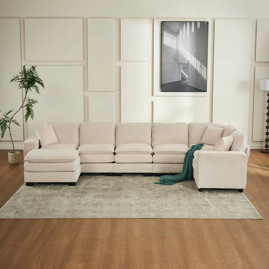 Modern U-Shaped 6-Seater Sectional Sofa with One Footstool