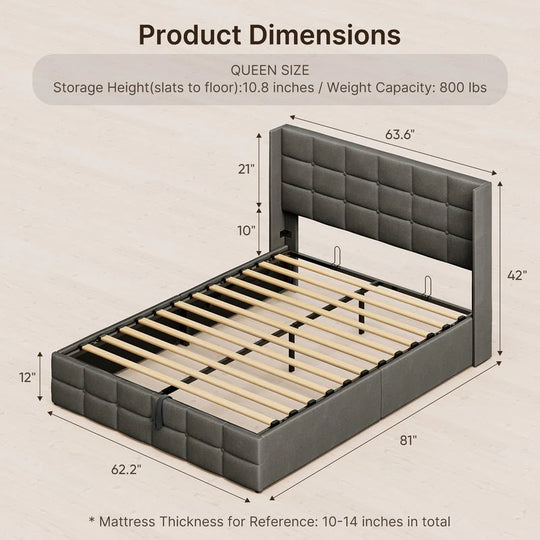 Lift up Storage Bed Frame, Upholstered Platform Bed Frame with Hydraulic Storage System and Headboard