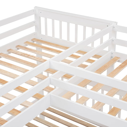 L-Shaped Bunk Bed with Three Drawers, Portable Desk and Wardrobe, Twin-Twin over Full Design