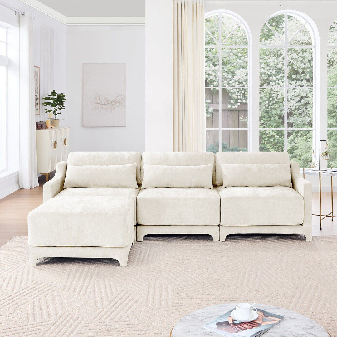 Modern Chenille 4-Seater Sofa with 2 Ottoman, Lumbar Cushions, Ergonomic Backrest, High-Resilience Spongeand Tufted Armrests
