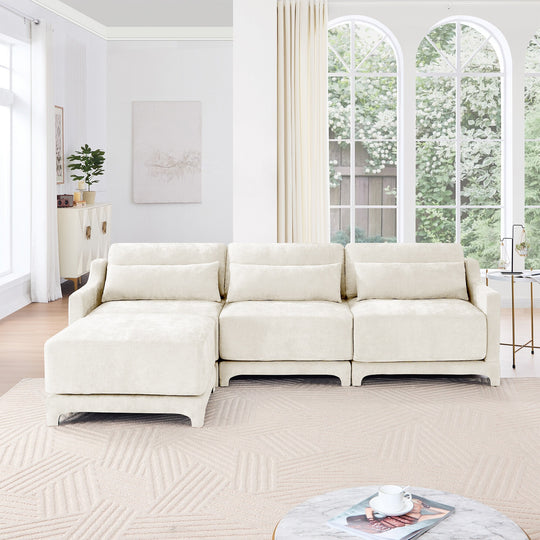 Modern Chenille 4-Seater Sofa with 2 Ottoman, Lumbar Cushions, Ergonomic Backrest, High-Resilience Spongeand Tufted Armrests