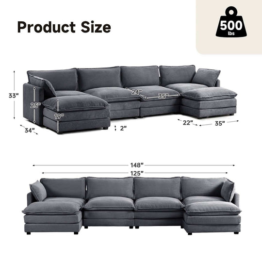 Corduroy Sectional Sofa with Removable Ottomans & Ultra-Soft Cushions for Living Room & Bedroom