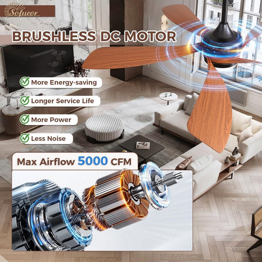 Sofucor 45/52 Inch Ceiling Fan with Remote & Lights Quiet DC Motor 5 Blade High CFM Modern Fan
