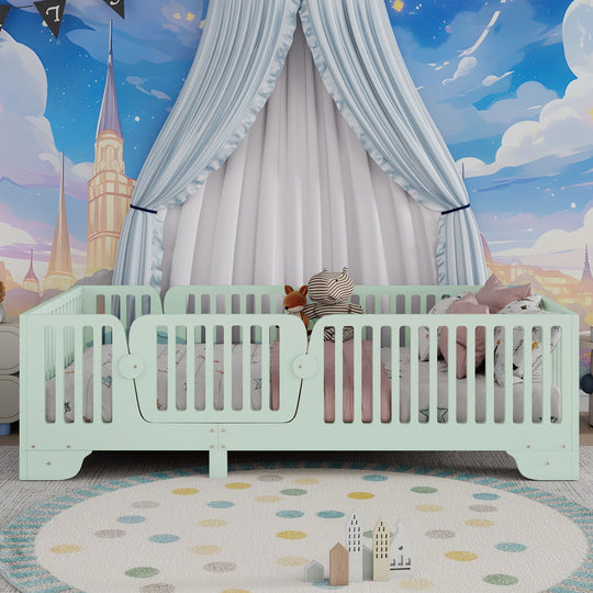Full Size Montessori Floor Bed Frame with Safety Rails and Removable Door, Low Profile Kids Bed with Slatted Support