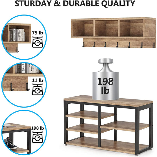 Entryway Coat Rack Shoe Bench Set, Industrial Hall Tree Coat Shoe Rack