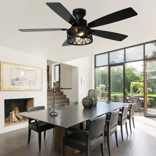 52-In Farmhouse Flush Mount Ceiling Fan with Lights and Remote Control, Black Caged Low Profile Chandelier Ceiling Fan