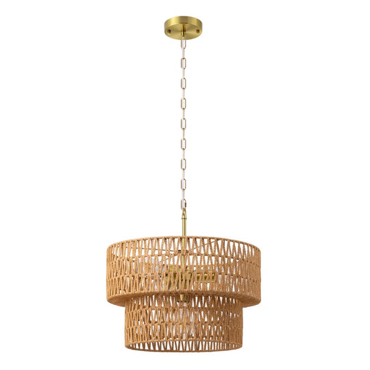 4 - Light 17.7" Hand-Woven Rattan Drum Chandelier