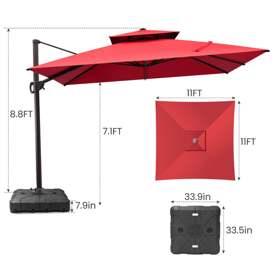 11 X 11 FT Outdoor Square Patio Cantilever Offset Umbrella with Crank and 360 Degrees Rotation