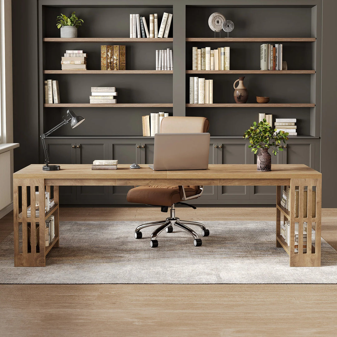 Two Person Desk with Bookshelf Computer Office Double Desk