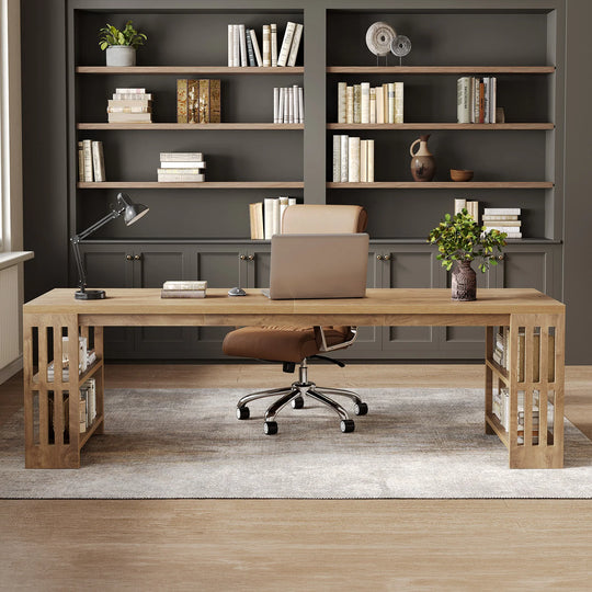Two Person Desk with Bookshelf Computer Office Double Desk
