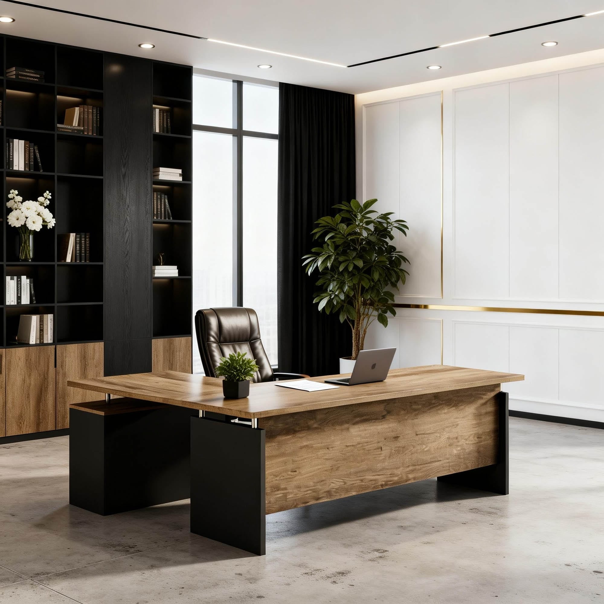 WESOME 63-Inch L Shaped Executive Desk, Industrial Modern Office Desk with 3 Storage Drawers