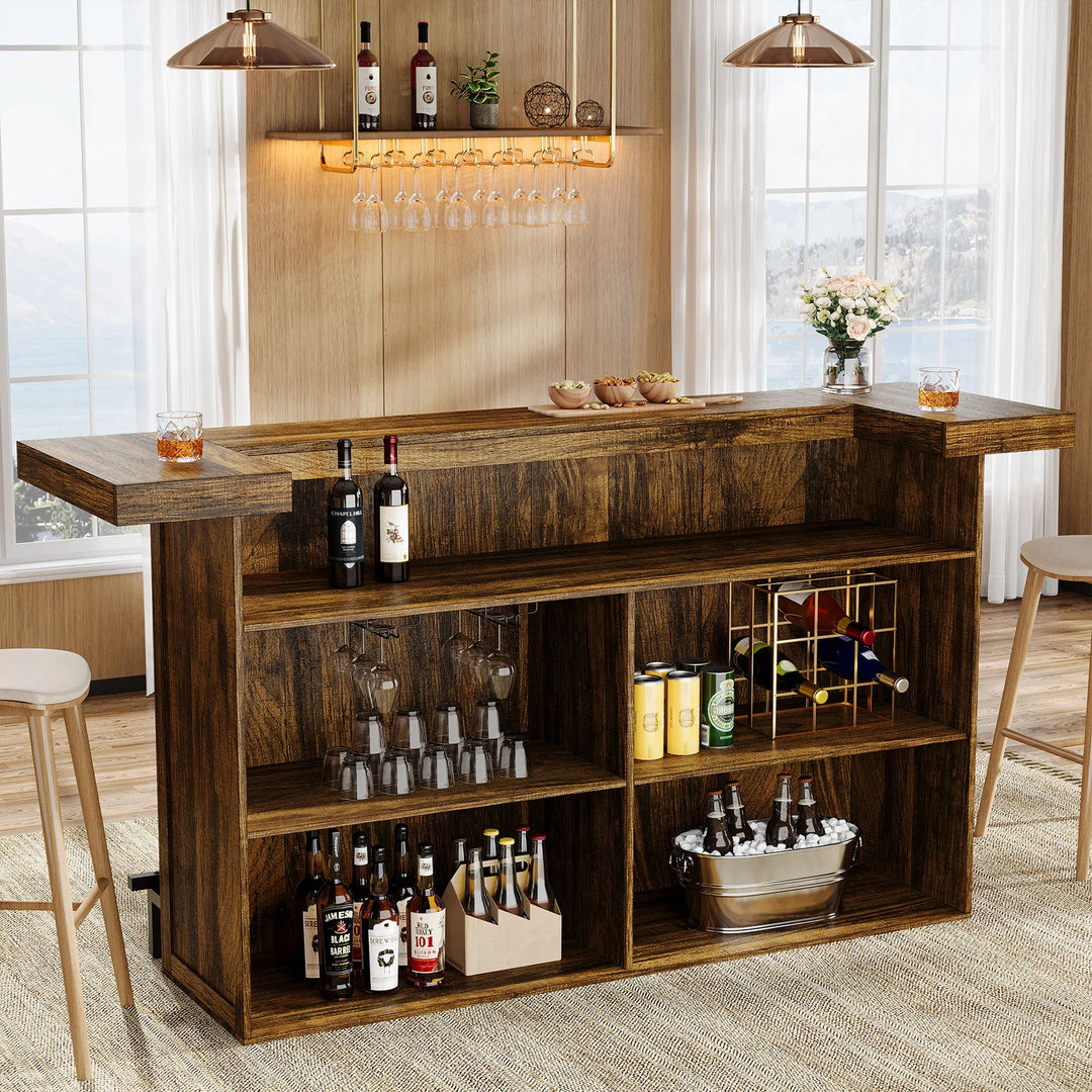 70.9" Wooden Home Bar Table with Wine Glass Holder, Pub Storage Unit Accent Table for Home Patio Basement