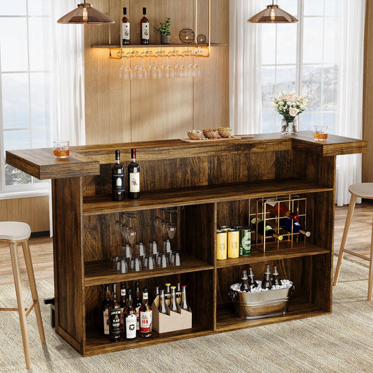 70.9" Wooden Home Bar Table with Wine Glass Holder, Pub Storage Unit Accent Table for Home Patio Basement