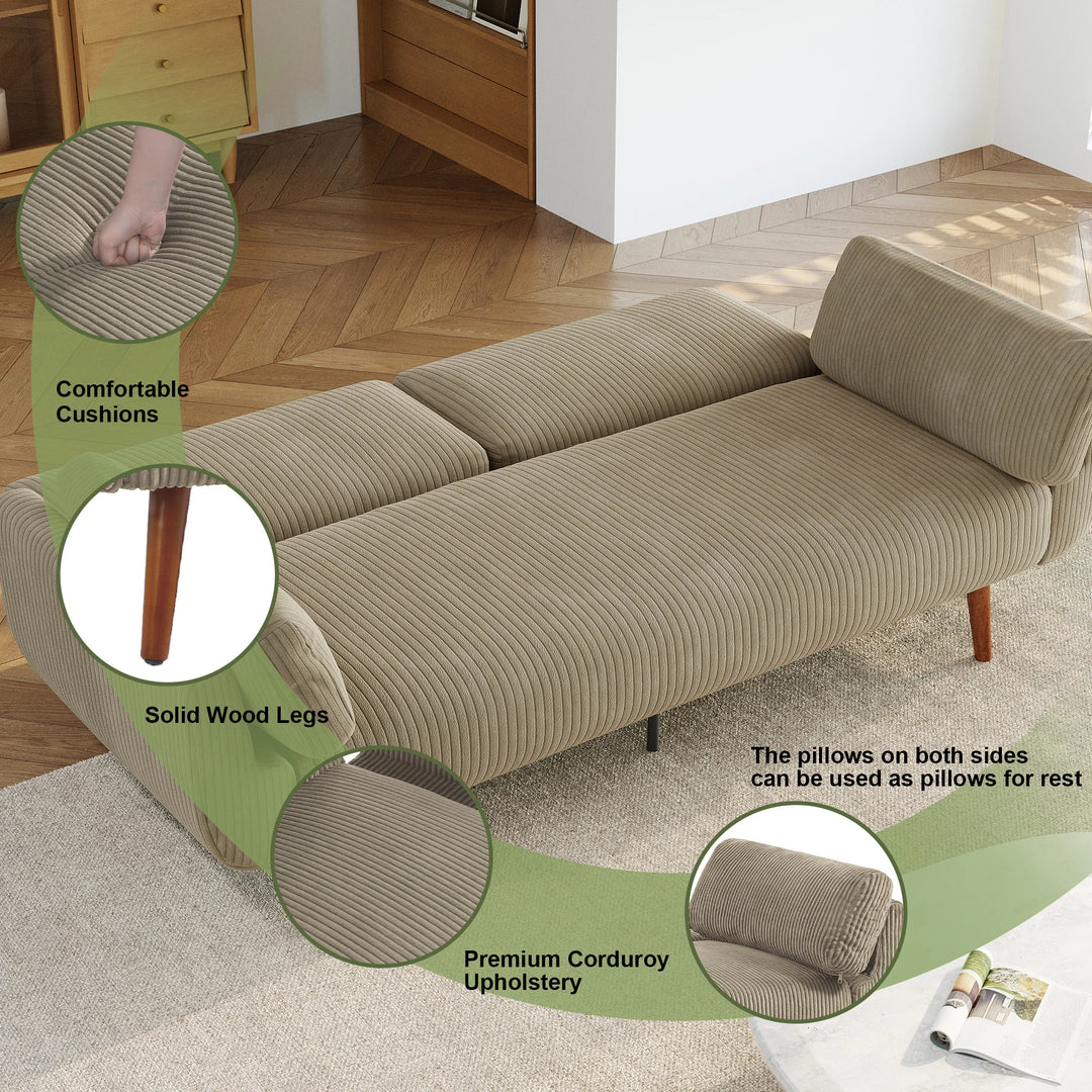 73" W Upholstered Corduroy Convertible Sleeper Sofa Bed with Pillows