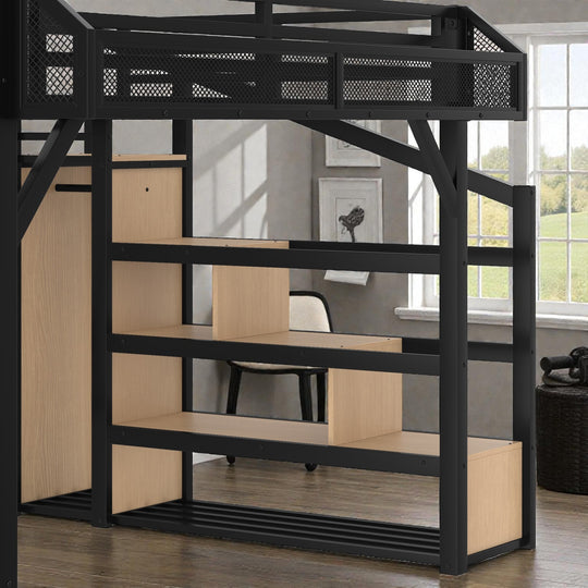 Metal Loft Bed with Storage Stairs, Built-In Wardrobe, Shelves, USB Ports, LED Lights & Noise-Reduced Frame