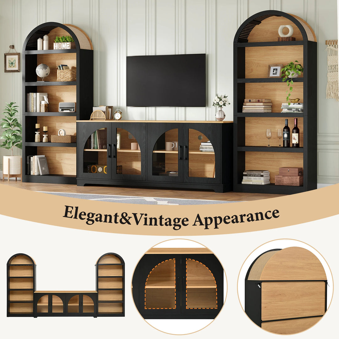 3-Piece Retro Entertainment Center for Tvs up to 70", Two-Tone Farmhouse TV Stand with Sideboard & Bookshelf