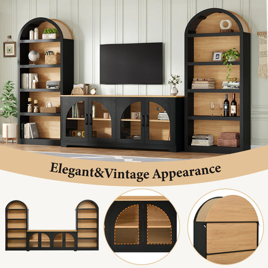 3-Piece Retro Entertainment Center for Tvs up to 70", Two-Tone Farmhouse TV Stand with Sideboard & Bookshelf