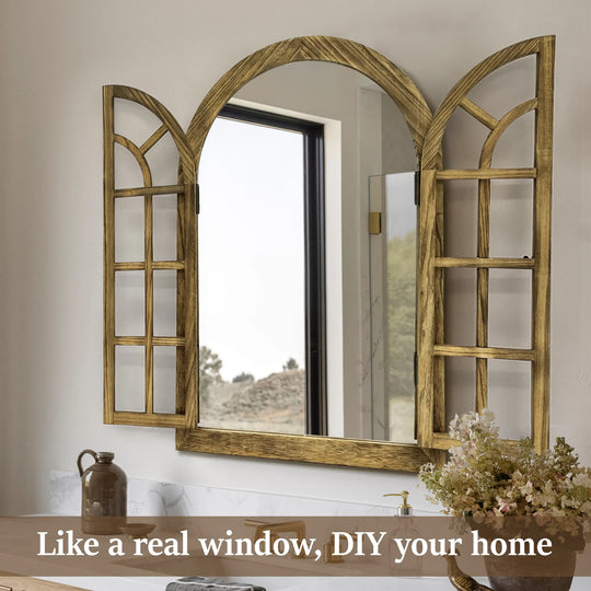Vintage Wood Windowpane Arched Wall Mirror