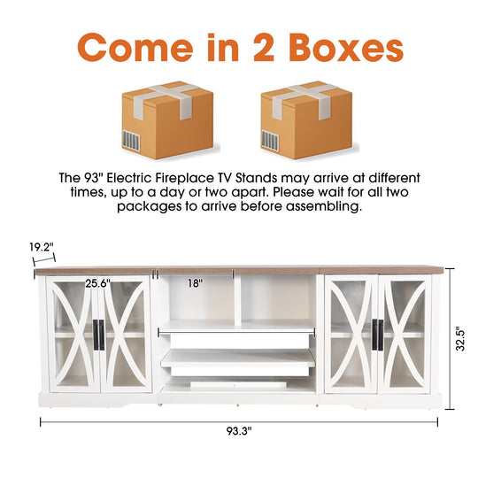 93" Farmhouse White Barn Door Storage Cabinets Console TV Stand for Tvs up to 100" with Adjustable Shelves