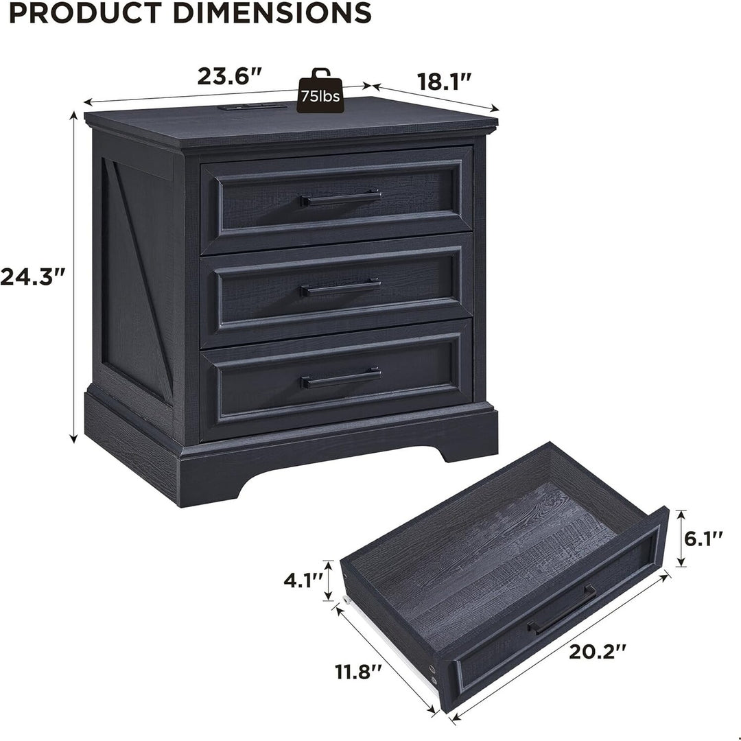 Farmhouse 3-Drawer Nightstand, Wide End Table with Charging Station