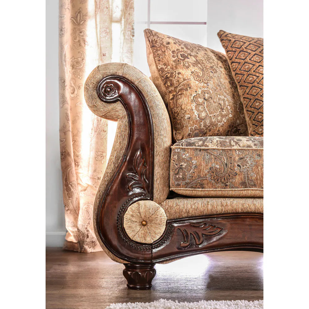 Traditional Tan Chenille Upholstered Rolled Arms Sofa by