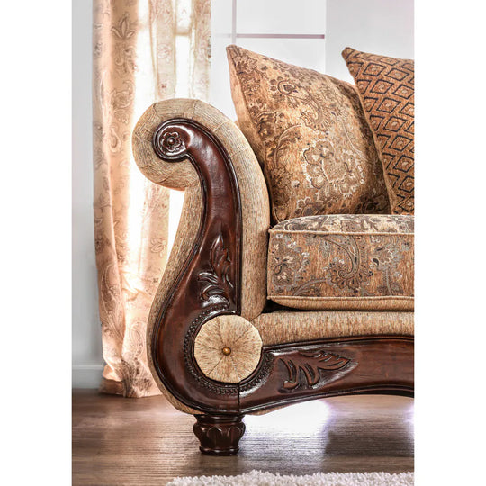 Traditional Tan Chenille Upholstered Rolled Arms Sofa by