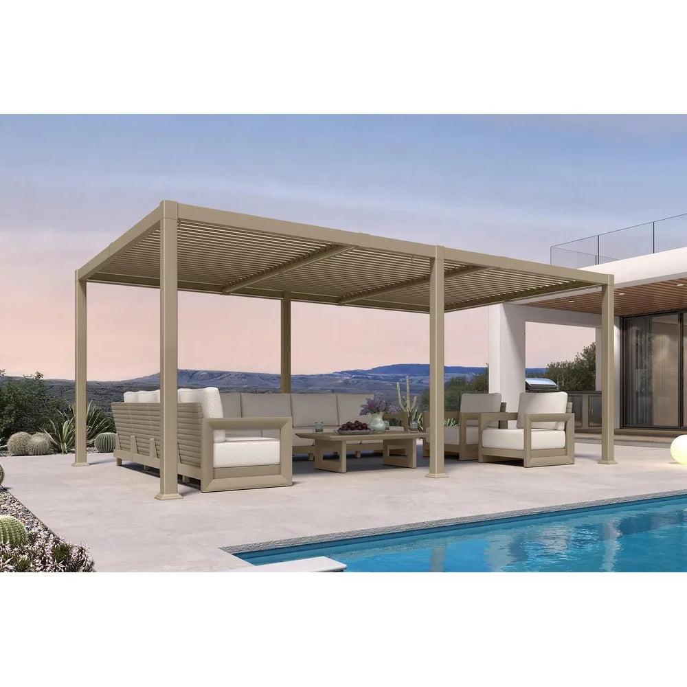 Solar Louvered Pergola with LED String Lights Aluminum Outdoor Pergola with Adjustable Roof for Patio Garden