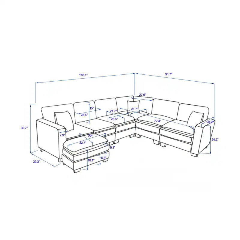 Modern U-Shaped 6-Seater Sectional Sofa with One Footstool