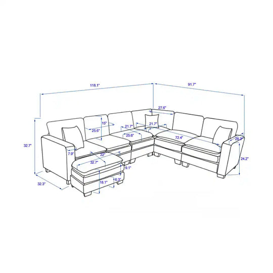 Modern U-Shaped 6-Seater Sectional Sofa with One Footstool