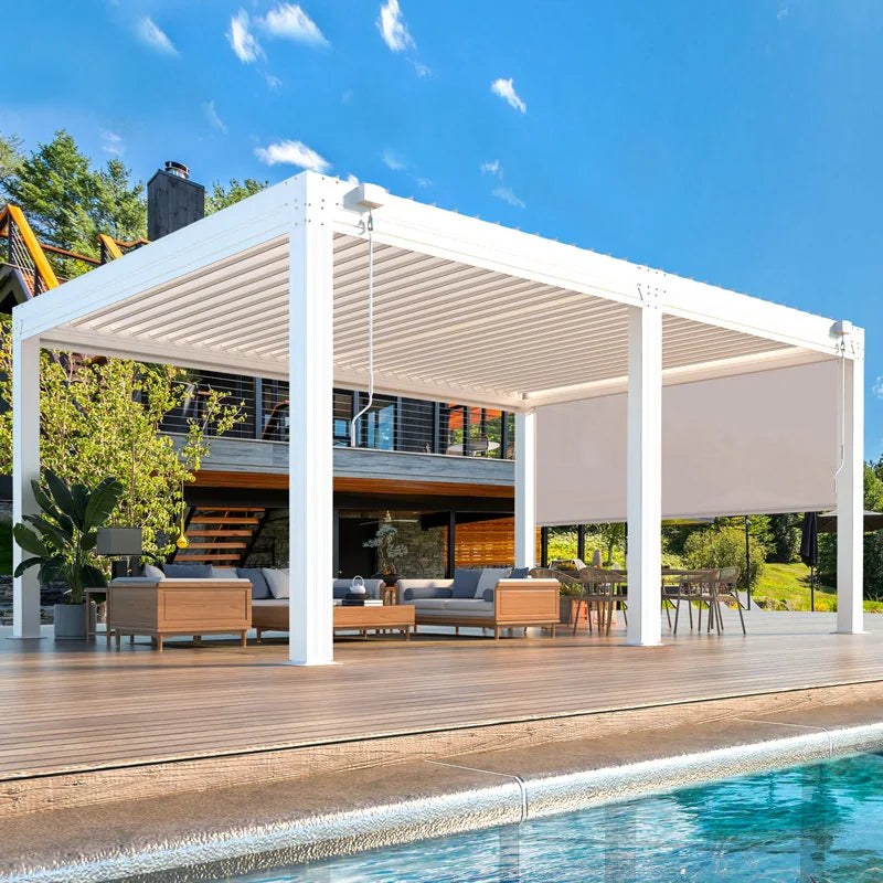 Outdoor Louvered Pergola Gazebo with Adjustable Aluminum Rainproof Roof and Pull-Down Screen