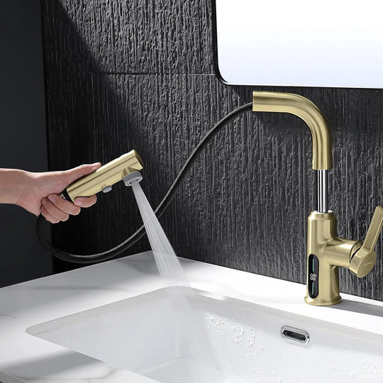 Single Hole Liftable Bathroom Faucet with Temperature Display in Fahrenheit, 3 Water Modes, BF2501
