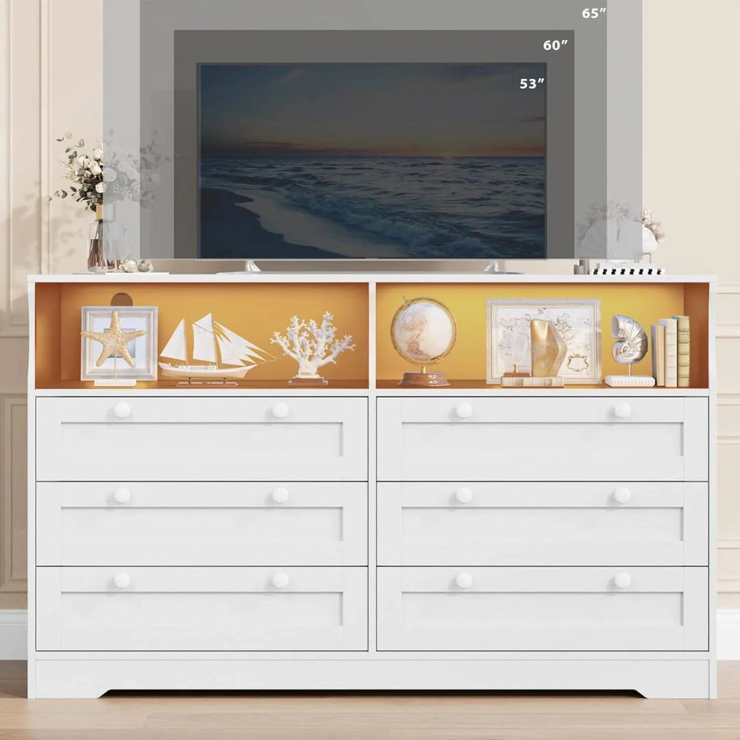 Modern 6 Drawer Dresser for Bedroom with Power Outlet and LED Light