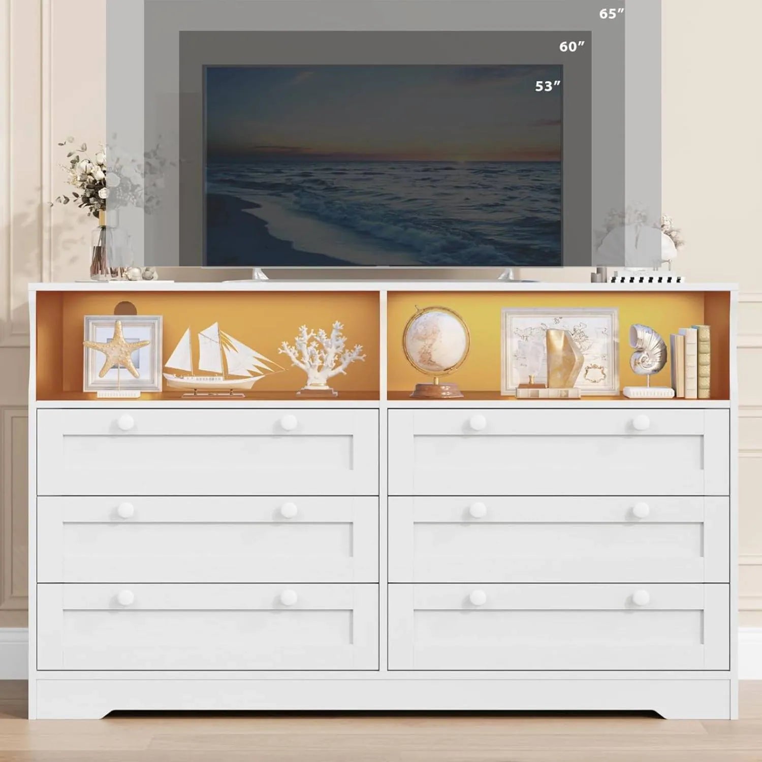 Modern 6 Drawer Dresser for Bedroom with Power Outlet and LED Light