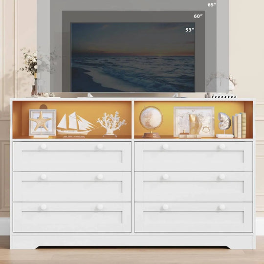 Modern 6 Drawer Dresser for Bedroom with Power Outlet and LED Light