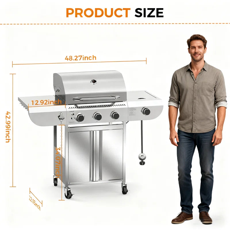 3+1 Burners 34000 Btu Lp Gas Grill with Side Burner for Outdoor Garden Patio Backyard Barbecue Cooking