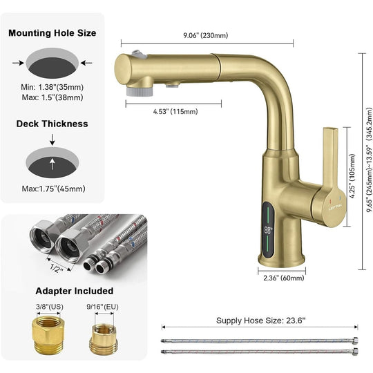Single Hole Liftable Bathroom Faucet with Temperature Display in Fahrenheit, 3 Water Modes, BF2501