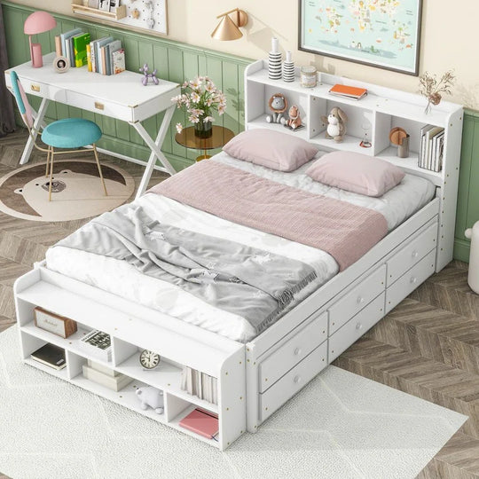 Storage Platform Bed with Bookcase Headboard,Drawers and Bed End Storage Case,Full Size