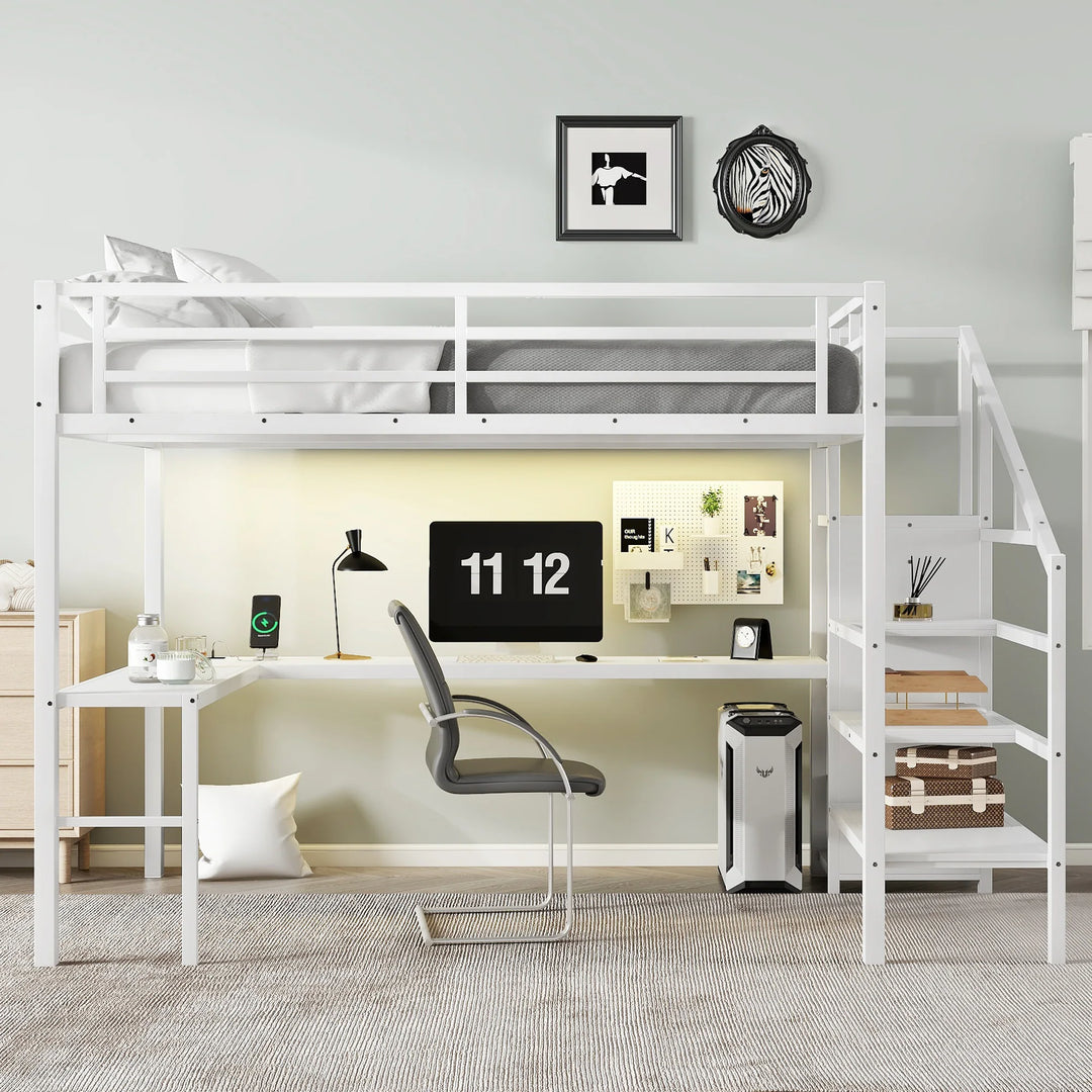 Queen Size Esports Gaming & Work Loft Bed with L-Shaped Desk, USB, LED, Wardrobe and Adjustable Shelf, Versatile Metal Bed Frame