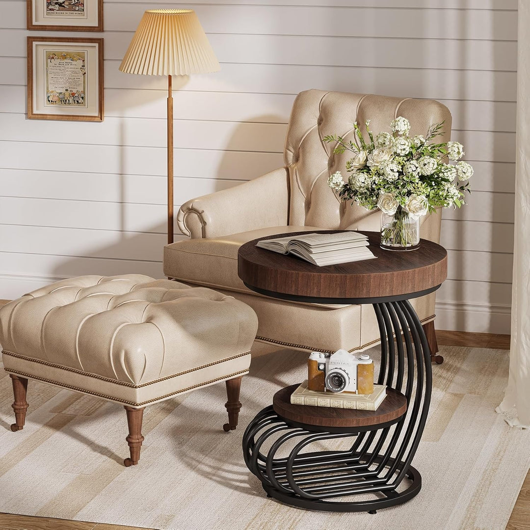 2 Tiers round End Table with Shelf Storage, Arc-Shaped Side Sofa Table