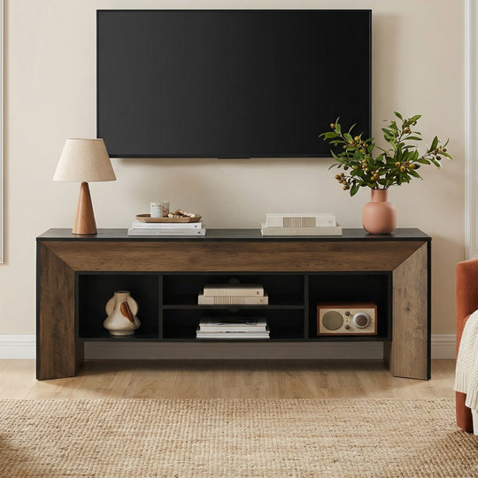 Farmhouse TV Stands for 70 Inches TV, Wooden Entertainment Center with Open Storage Shelves for Living Room
