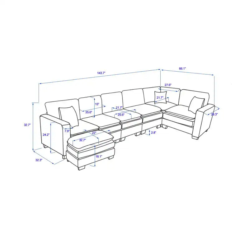 Modern U-Shaped 6-Seater Sectional Sofa with One Footstool